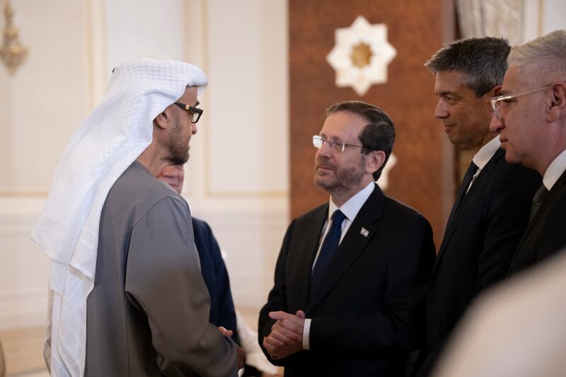 President Sheikh Mohamed meets Israel's President Isaac Herzog, centre, Israel's Minister of Communications Yoaz Hendel, second from right, and Israeli ambassador to the UAE, Amir Hayek, right. 