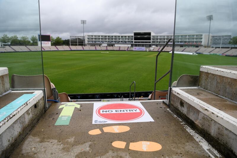 Social distancing signage displayed at The Ageas Bowl in Southampton. Getty