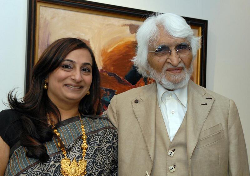 Malini Gulrajani and the late M F Husain, who exhibited at the 1x1 Art Gallery, Dubai. Courtesy 1x1 Art Gallery