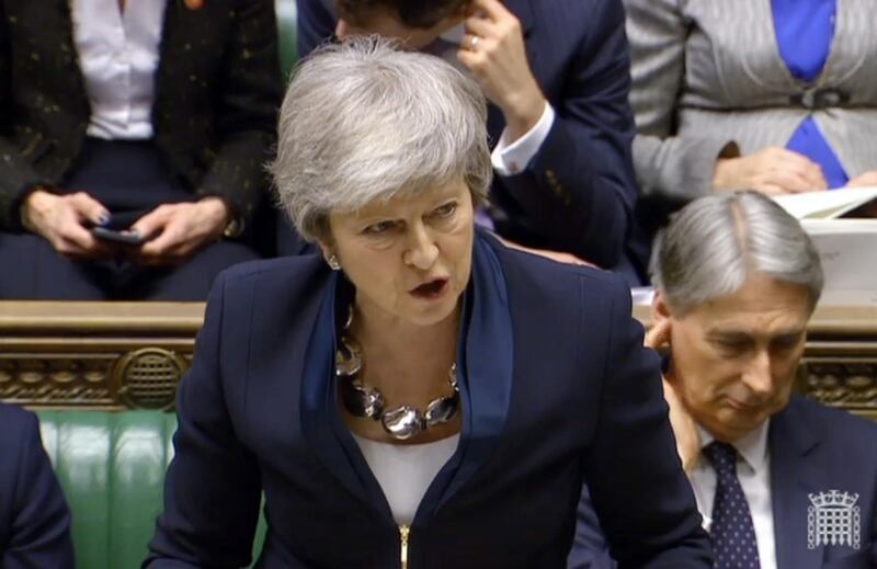 epa07398765 A handout video-grabbed still image from a video made available by the UK Parliamentary Recording Unit shows British Prime Minister Theresa May delivering a speech at the House of Commons in London, Britain, 26 February 2019. British Prime Minister Theresa May has promised MPs in case of rejecting her Brexit deal, they can vote on whether to leave the European Union without a deal or as an alternative, try to delay or postpone Britain's departure from EU.  EPA/PARLIAMENTARY RECORDING UNIT HANDOUT MANDATORY CREDIT: PARLIAMENTARY RECORDING UNIT HANDOUT EDITORIAL USE ONLY/NO SALES