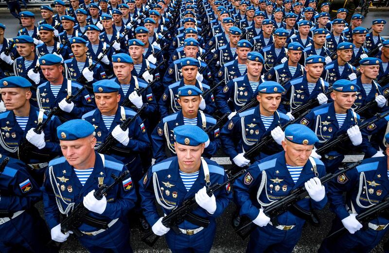 Belarus' paratroopers stand at attention before a military parade marking Independence Day in Minsk. The former Soviet nation celebrates its Independence Day on July 3 in memory of the end of Belarus occupation by Nazi Germany troops during the Red Army main summer offensive in 1944. Maxim Malinovsky / AFP