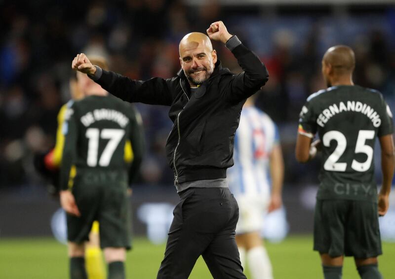 Soccer Football - Premier League - Huddersfield Town vs Manchester City - John Smith’s Stadium, Huddersfield, Britain - November 26, 2017   Manchester City manager Pep Guardiola celebrates after the match    Action Images via Reuters/Carl Recine    EDITORIAL USE ONLY. No use with unauthorized audio, video, data, fixture lists, club/league logos or "live" services. Online in-match use limited to 75 images, no video emulation. No use in betting, games or single club/league/player publications. Please contact your account representative for further details.