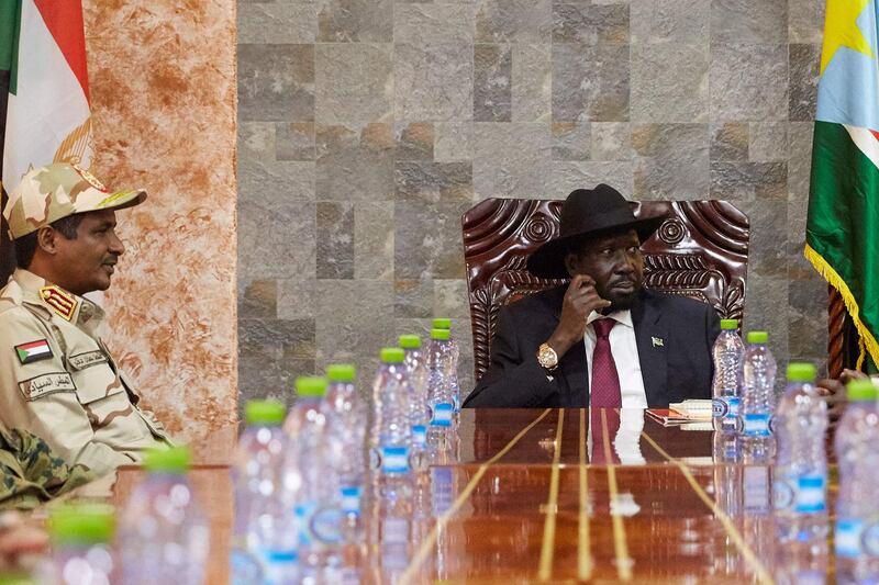 South Sudan's President Salva Kiir attends a meeting with Mohamed Hamdan Daglo Sudan's deputy head of the Transitional Military Council, at the Presidential Palace in Juba, South Sudan.  AFP