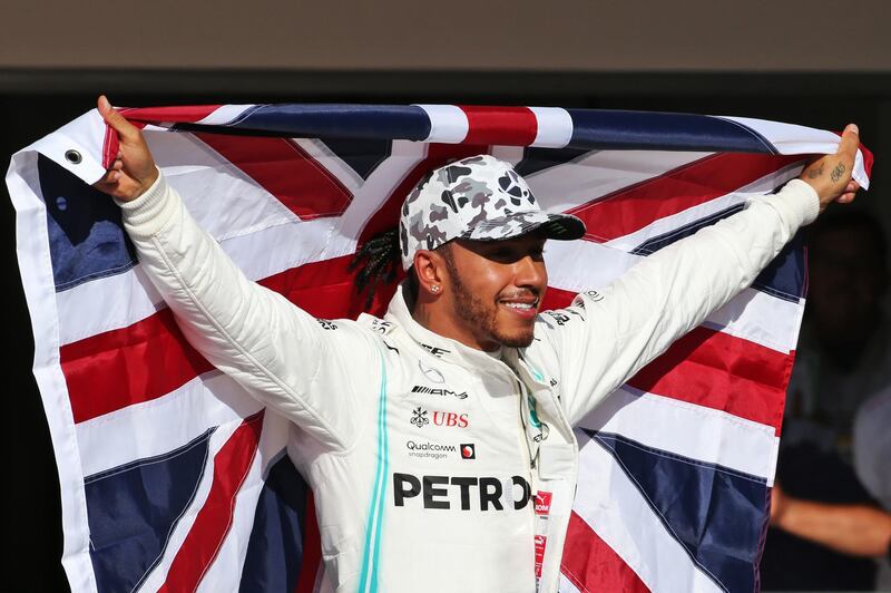 Mercedes driver Lewis Hamilton celebrates victory in the United States Grand Prix at the Circuit of the Americas, Austin, Texas. PA Photo. Picture date: Sunday November 3, 2019. See PA story AUTO United States. Photo credit should read: PA Wire. RESTRICTIONS: Editorial use only. Commercial use with prior consent from teams.