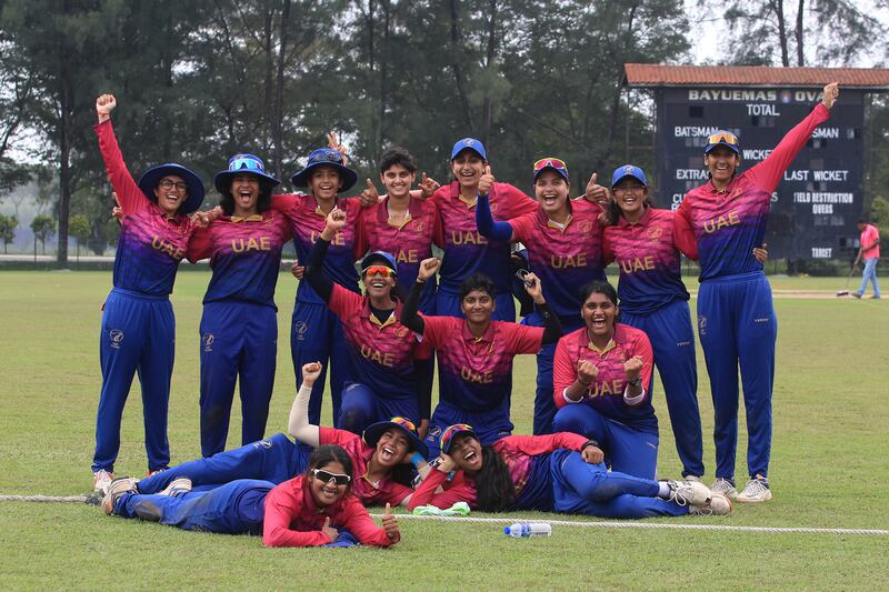 UAE players after their win over Hong Kong in the Women’s T20 World Cup Qualifier at Bayuemas Oval, Selangor, Malaysia. Photo: ICC