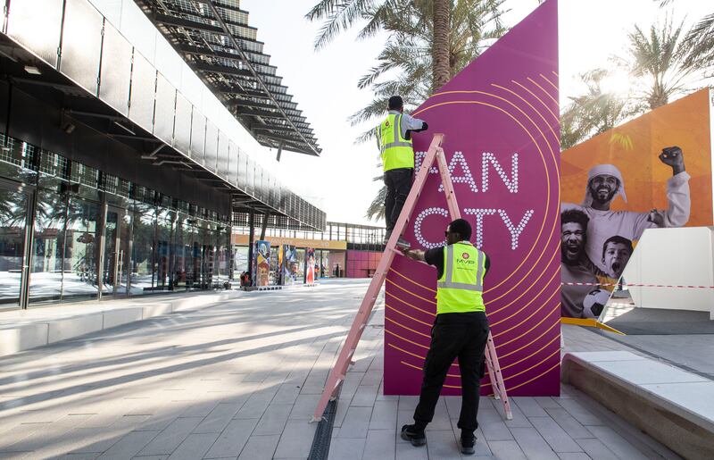 The fan zone at Expo City Dubai under construction during the countdown to the World Cup. Ruel Pableo for The National