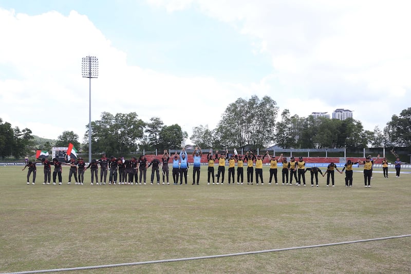 Both teams bowed to thank the fans for their support after UAE beat Malaysia in the final of the ACC Women's T20 Championship in the last game at the Kinrara Oval in Kuala Lumpur. Photo: Malaysia Cricket Association