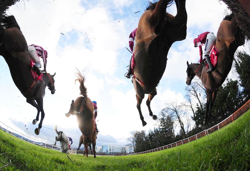 Eclair Beaufeu (second right),, ridden by Sean O'Keeffe,  jumps the second last to win the Matheson Handicap Steeplechase at the Dublin Racing Festival at Leopardstown Racecourse on Saturday, February 1. PA