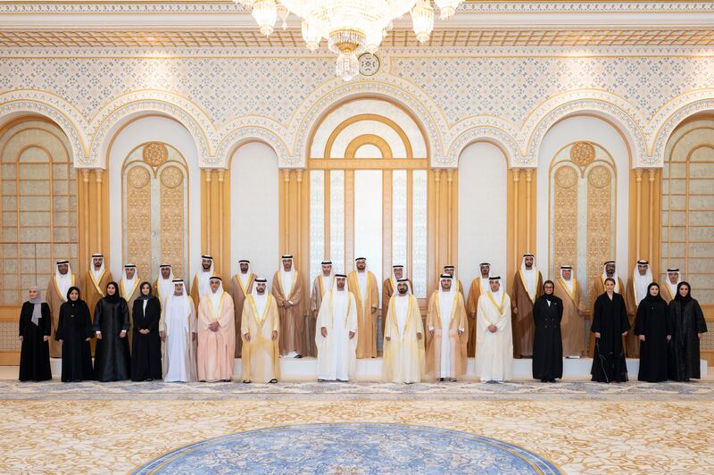 Sheikh Mohammed bin Rashid, Vice President, Prime Minister and Ruler of Dubai, and Sheikh Mohamed bin Zayed, Crown Prince of Abu Dhabi and Deputy Supreme Commander of the Armed Forces, stand for a photograph during a swearing-in ceremony for the new Cabinet at Qasr Al Watan in Abu Dhabi. All pictures by the Ministry of Presidential Affairs