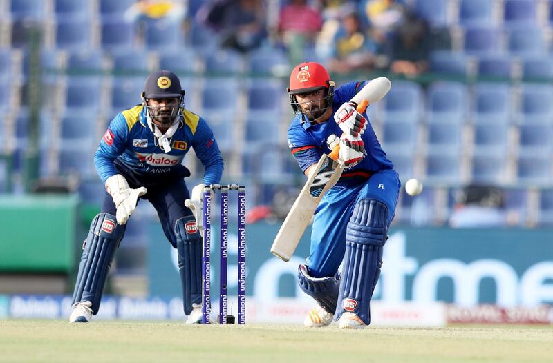ABU DHABI , UNITED ARAB EMIRATES, September 17 , 2018 :- Ihsanullah Janat of Afghanistan playing a shot during  the Asia Cup UAE 2018 cricket match between Afghanistan vs Sri Lanka at Sheikh Zayed Cricket Stadium in Abu Dhabi. ( Pawan Singh / The National )  For News/ Sports /Instagram. Story by Amith