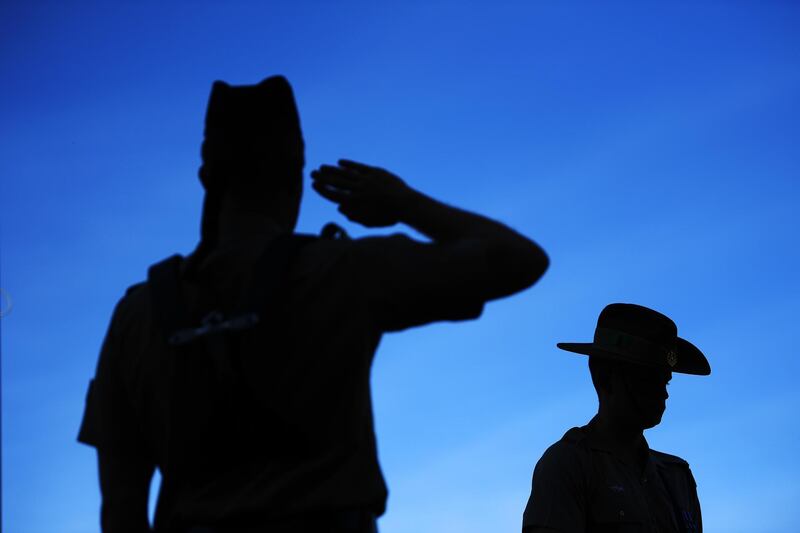 Members of the Australian Army pay their respects during a basketball match between the Adelaide 36ers and the Perth Wildcats at Coopers Stadium in Adelaide, Australia. Getty