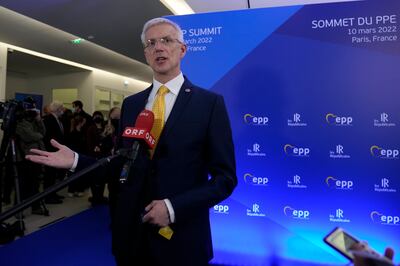 Latvian Prime Minister Krisjanis Karins in Paris on arrival for an EPP meeting before the European Union summit in Versailles, March 10, 2022 in Paris. AP Photo