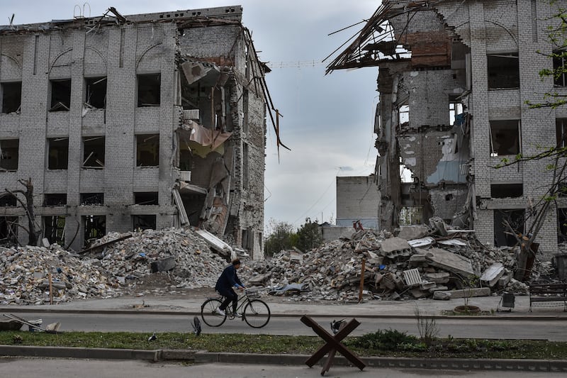 A building destroyed by a Russian air strike in the front-line town of Orikhiv. AP