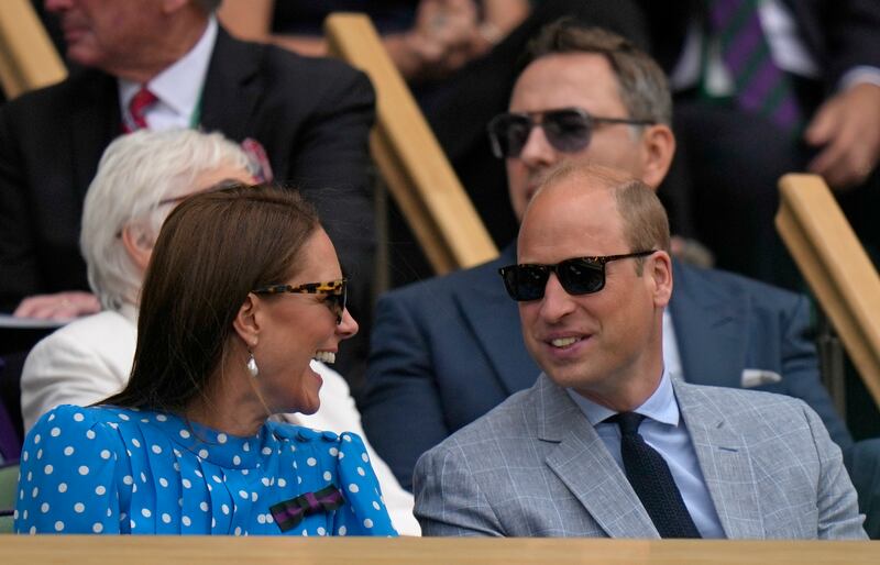 Prince William and Kate, Duchess of Cambridge sit in the Royal box on Centre Court ahead of the quarterfinal match between Novak Djokovic and Jannik Sinner. AP