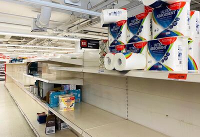 epa08274825 A general view of an almost empty aisle in a Sainsbury's supermarket in Central London, Britain, 06 March 2020. Reports suggest UK retailers are suffering supply disruptions because of the Covid-19 conoravirus.  EPA/WILL OLIVER