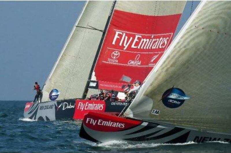 Emirates Team New Zealand and Mascalzone Latino compete in the semi-finals in Dubai yesterday.