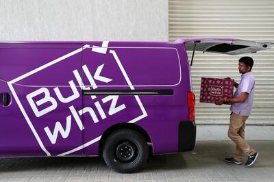 DUBAI, UNITED ARAB EMIRATES , Feb 18  – 2020 :- Reymon Garcia , delivery whiz loading the orders in the Bulk Whiz delivery van at the Bulk Whiz warehouse in Al Quoz 4 in Dubai. (Pawan  Singh / The National) For Business. Story by Nada