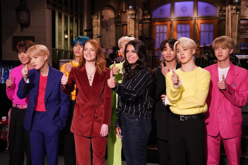 SATURDAY NIGHT LIVE -- "Emma Stone" Episode 1764 -- Pictured: (l-r) Musical guest BTS, host Emma Stone, and Cecily Strong during Promos in Studio 8H on Thursday, April 11, 2019 -- (Photo by: Rosalind O'Connor/NBC/NBCU Photo Bank via Getty Images)