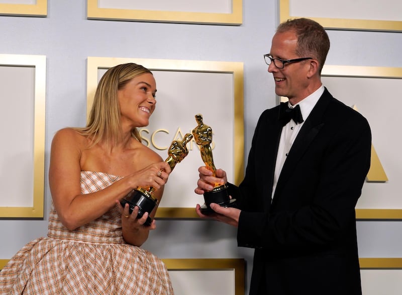 Best Animated Feature: Dana Murray and Pete Docter, for 'Soul', pose in the press room at the Oscars on Sunday, April 25, 2021, at Union Station in Los Angeles. EPA