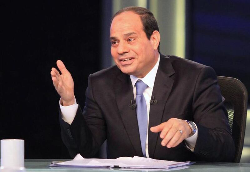 Presidential candidate and Egypt's former army chief Abdel Fattah El Sisi speaking during a television interview broadcast on CBC and ONTV, in Cairo,  May 6, 2014. Al Youm Al Saabi Newspaper/Reuters