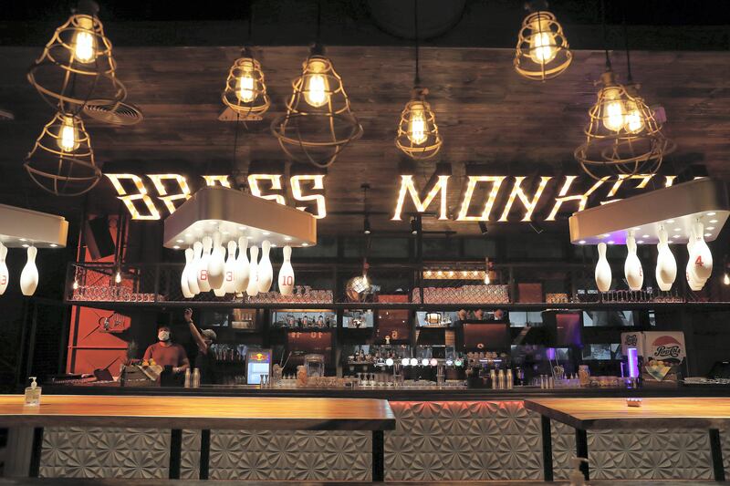 DUBAI, UNITED ARAB EMIRATES , September 27 – 2020 :- View of the restaurant on the ground floor at the Brass Monkey, new dining and entertainment destination on the Bluewaters Island in Dubai.  (Pawan Singh / The National) For Lifestyle/Online/Instagram. Story by Janice Rodrigues 