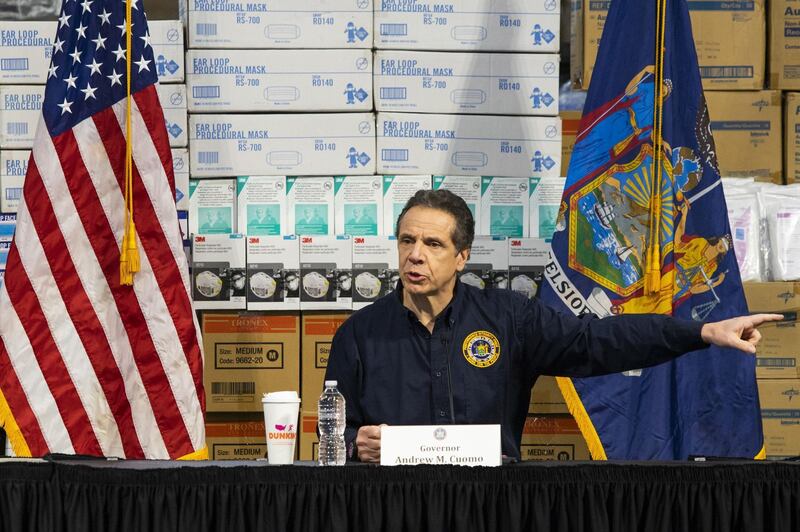 NEW YORK, NY - MARCH 24: New York Governor Andrew Cuomo speaks to the media at the Javits Convention Center which is being turned into a hospital to help fight coronavirus cases on March 24, 2020 in New York City. New York City has about a third of the nations confirmed coronavirus cases, making it the center of the outbreak in the United States.   Eduardo Munoz Alvarez/Getty Images/AFP
== FOR NEWSPAPERS, INTERNET, TELCOS & TELEVISION USE ONLY ==
