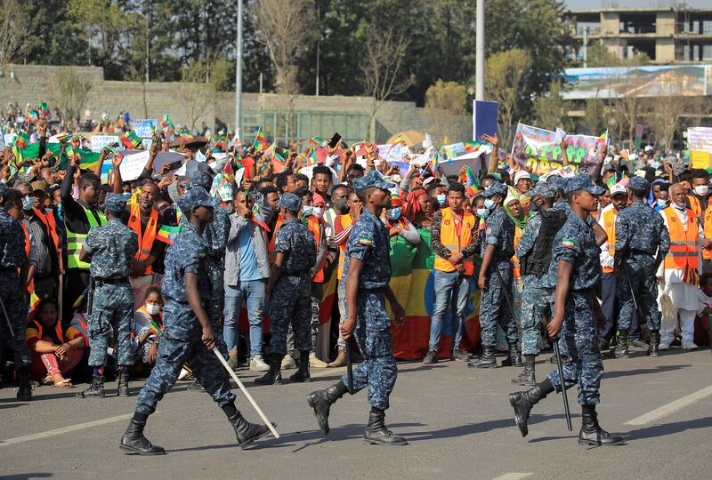 Ethiopian police keep an eye on a pro-government rally in Addis Ababa. Reuters