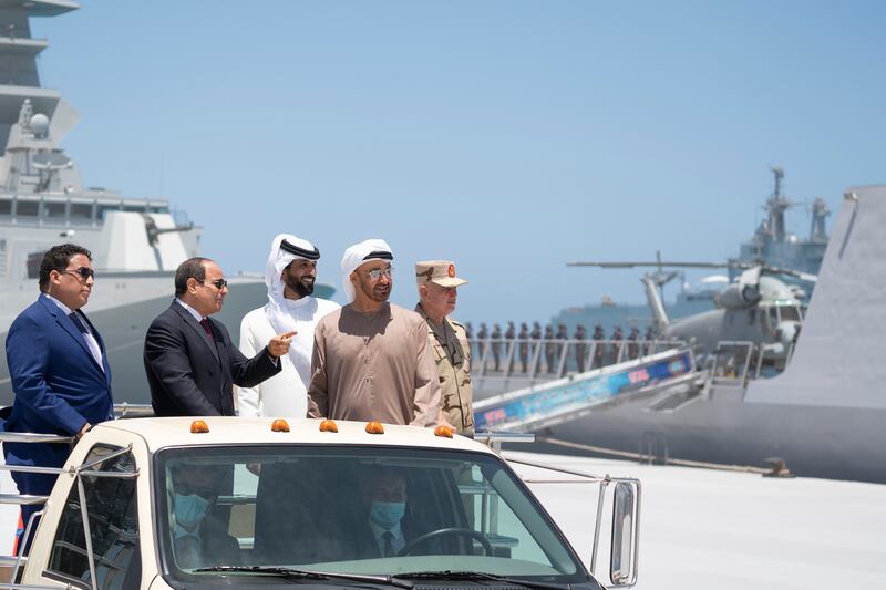 Sheikh Mohamed bin Zayed, Crown Prince of Abu Dhabi and Deputy Supreme Commander of the UAE Armed Forces, with Egyptian President Abdel Fattah El Sisi at the inauguration of an Egyptian naval base on the Mediterranean, near the Libyan border.