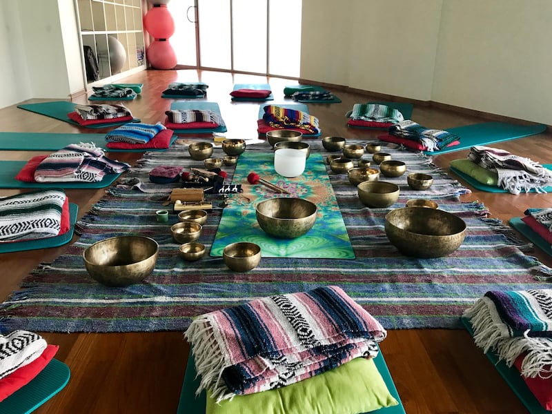 Preparations for a sound healing session with Tibetan singing bowls at Ascension Platforms in Dubai. Courtesy Ascension Platforms