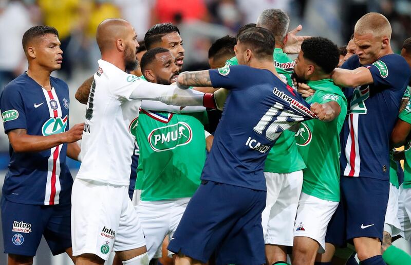 Players clash after the tackle on Kylian Mbappe. AP