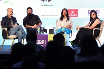 From left, Mohsin Hamid on stage with Jamil Jan Kochai, Avni Doshi and moderator Saba Karim Khan at the Emirates Airline Festival of Literature. Chris Whiteoak / The National