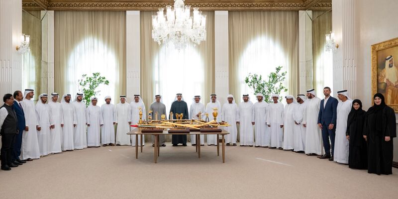 President Sheikh Mohamed at a reception with Sheikh Mansour bin Zayed, Vice President, Deputy Prime Minister and Chairman of the Presidential Court, and Sheikh Sultan bin Hamdan bin Mohamed, Adviser to the President and Chairman of the Camel Racing Federation with members of the Presidential Camel Racing Team. 