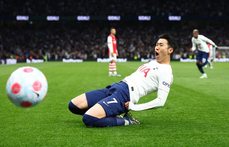 Tottenham Hotspur's Son Heung-min celebrates scoring their third goal. Reuters