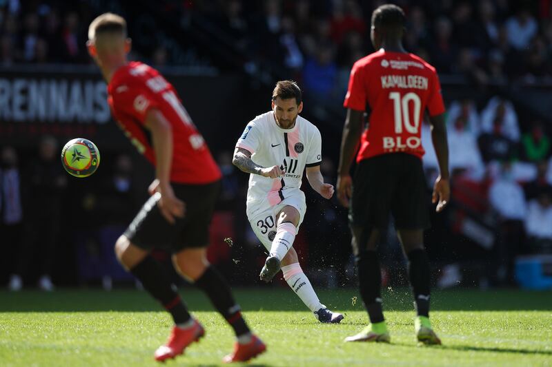 Paris Saint Germain's Lionel Messi hit the bar with a first-half free-kick. EPA