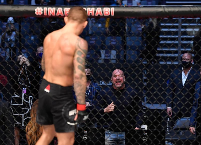UFC president Dana White congraulates Dustin Poirier after his win over Conor McGregor. Jeff Bottari/Zuffa LLC
