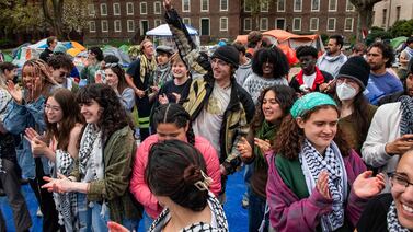 Pro-Palestine students celebrate a deal with the administration at Brown University in Providence, Rhode Island, in April. AFP