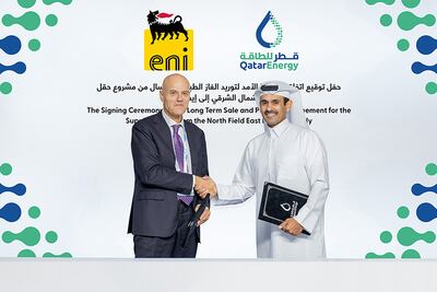 Saad Al-Kaabi, Qatar’s Minister of State for Energy Affairs and president and chief executive of QatarEnergy, and Claudio Descalzi, chief executive of Eni, signed the agreement in Doha. Photo: QatarEnergy