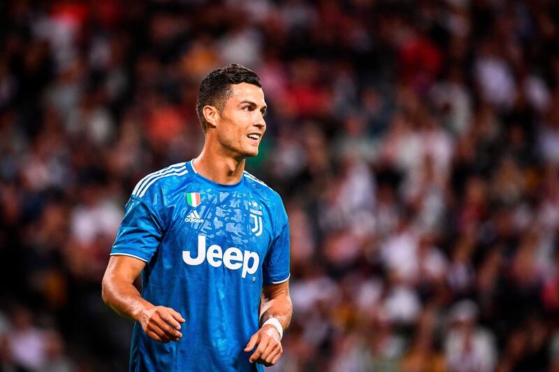 Juventus' forward Cristiano Ronaldo reacts during the International Champions Cup football match between Atletico Madrid v Juventus on August 10, 2019 in Solna outside Stockholm, Sweden.  / AFP / Jonathan NACKSTRAND
