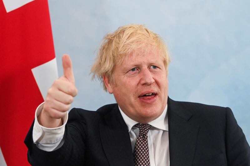 Britain's Prime Minister Boris Johnson gestures during a meeting with U.S. President Joe Biden (not pictured) ahead of the G7 summit, at Carbis Bay, Cornwall, Britain June 10, 2021. REUTERS/Toby Melville/Pool
