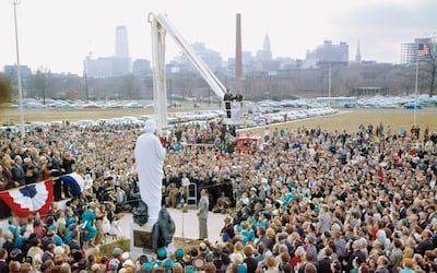 St Jude Children's Research Hospital founder Danny Thomas unveils a statue of the saint before a crowd of thousands at the grand opening ceremony held in February 1962. Photo: stjude.org