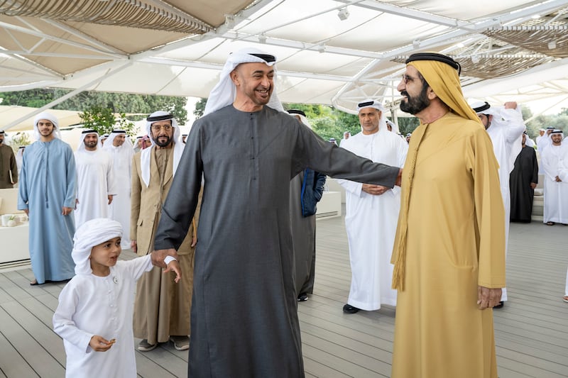President Sheikh Mohamed; Sheikh Mohamed bin Rashid, Vice President and Ruler of Dubai; and Sheikh Zayed bin Theyab bin Mohamed attend a Sea Palace barza
