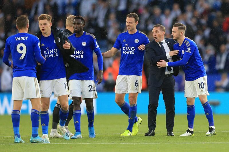 LEICESTER, ENGLAND - OCTOBER 19: Brendan Rodgers, Manager of Leicester City celebrates with his players following the Premier League match between Leicester City and Burnley FC at The King Power Stadium on October 19, 2019 in Leicester, United Kingdom. (Photo by Stephen Pond/Getty Images)