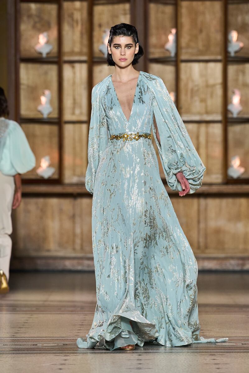 A pale blue gown embellished with muted silver at Rami Al Ali. Photo: Rami Al Ali