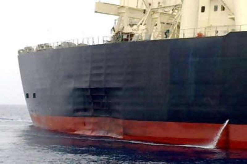 The damaged tanker M. Star arrives at Fujairah.