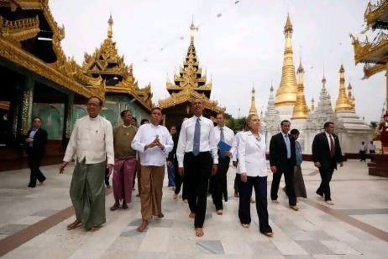 US president Barack Obama, seen with secretary of state Hillary Clinton in Yangon, is the first US president to visit Myanmar.