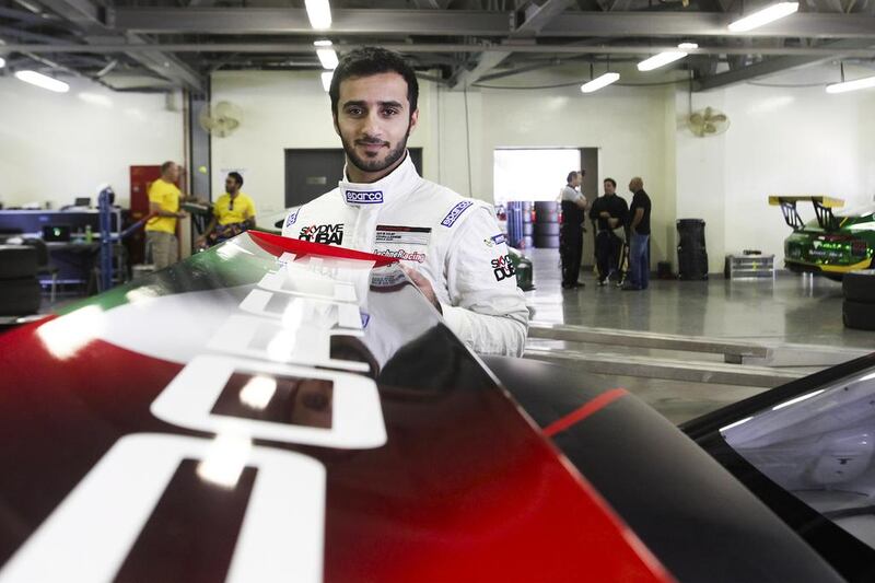 Driver Saeed Al Mehairi, above, and Sheikh Hasher Al Maktoum will drive for SkyDive Dubai Falcons on Thursday. Lee Hoagland / The National

