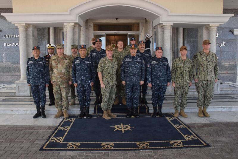 Combined Maritime Forces (CMF) Commander VAdm Samuel Paparo, U.S. Navy, with Lt Gen Ahmed Khaled and their respective staff officers, April 12, 2021. Egypt has been announced as the 34th member nation of CMF. Courtesy Egypt Navy