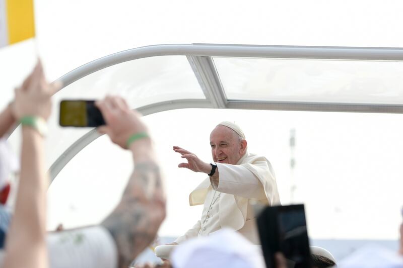 Pope Francis arrives for the early morning Papal mass at Bahrain National Stadium, Bahrain. Khushnum Bhandari / The National