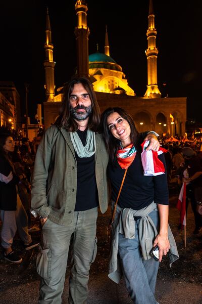 Nadine Labaki, right, with her husband Lebanese composer Khaled Mouzannar, during the Lebanese protests. Ammar Abd Rabbo