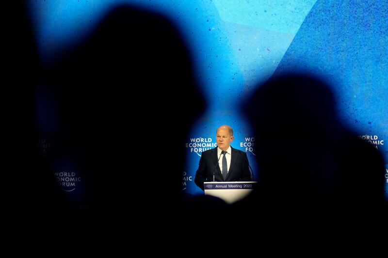 German chancellor Olaf Scholz speaks at the World Economic Forum in Davos, Switzerland.  The annual meeting of the World Economic Forum is taking place in Davos from May 22 until May 26, 2022. AP Photo